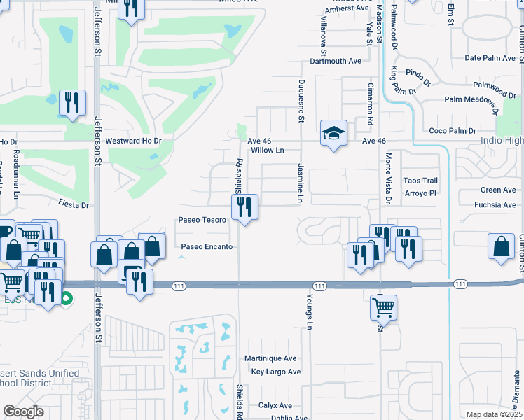 map of restaurants, bars, coffee shops, grocery stores, and more near 80603 Jasmine Lane in Indio