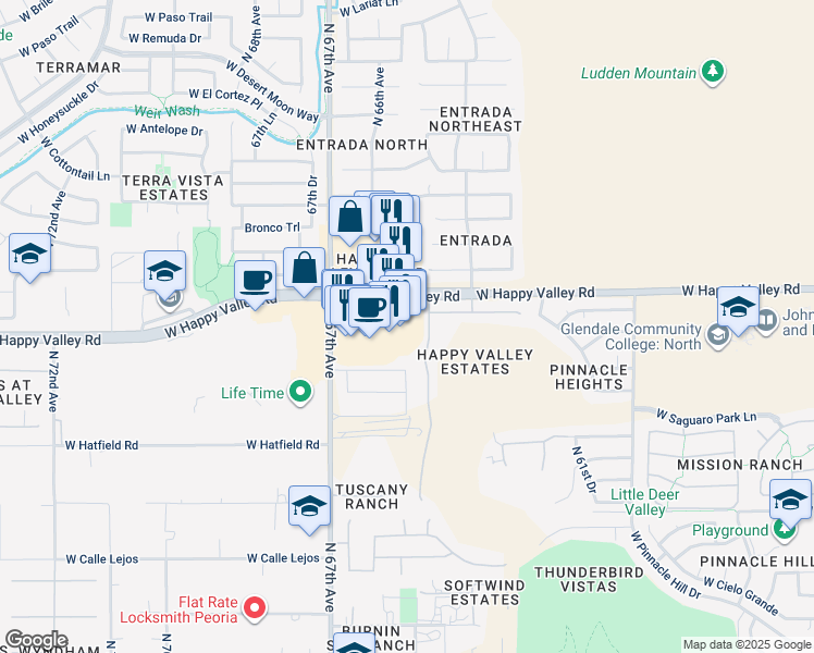 map of restaurants, bars, coffee shops, grocery stores, and more near 6525 West Happy Valley Road in Glendale