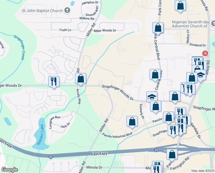 map of restaurants, bars, coffee shops, grocery stores, and more near Miller Rd & Snapfinger Woods Dr in Decatur