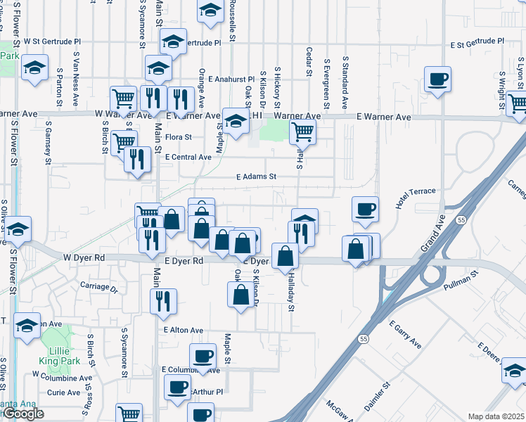 map of restaurants, bars, coffee shops, grocery stores, and more near 2614 Hickory Street in Santa Ana