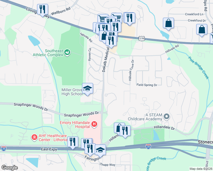 map of restaurants, bars, coffee shops, grocery stores, and more near 2561 Hillvale Circle in Lithonia