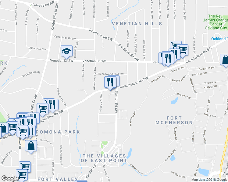 map of restaurants, bars, coffee shops, grocery stores, and more near 1722 Campbellton Road Southwest in Atlanta