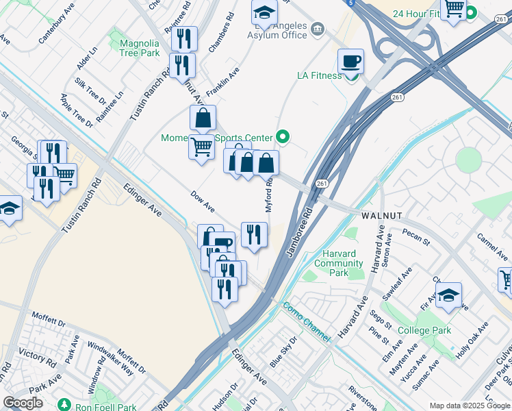 map of restaurants, bars, coffee shops, grocery stores, and more near 14791 Myford Road in Tustin