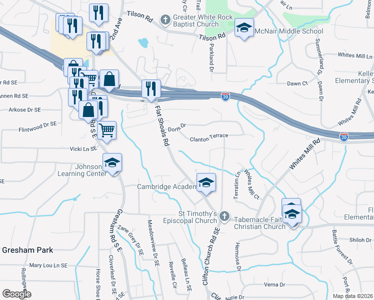 map of restaurants, bars, coffee shops, grocery stores, and more near 2668 Flat Shoals Road in Decatur