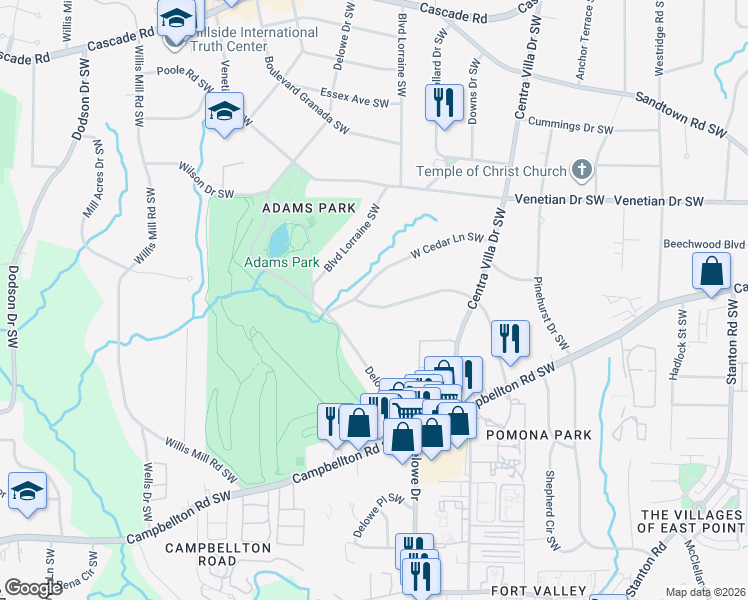 map of restaurants, bars, coffee shops, grocery stores, and more near 2157 Honeysuckle Lane Southwest in Atlanta