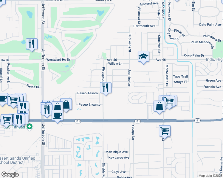 map of restaurants, bars, coffee shops, grocery stores, and more near 80603 Jasmine Lane in Indio