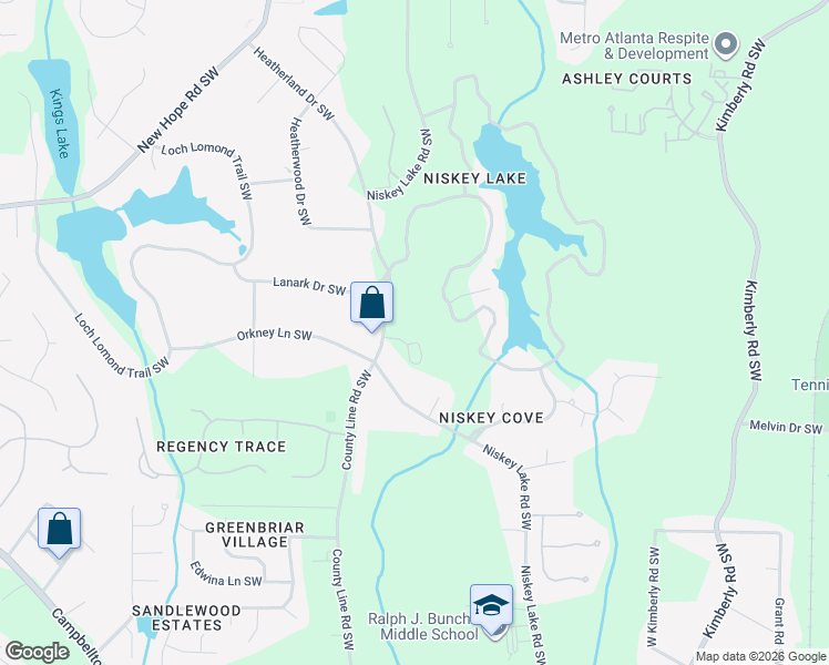 map of restaurants, bars, coffee shops, grocery stores, and more near 4183 Wellpointe Circle Southwest in Atlanta