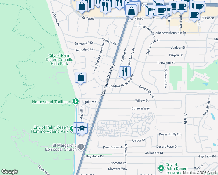 map of restaurants, bars, coffee shops, grocery stores, and more near 46400 Frontage Road in Palm Desert