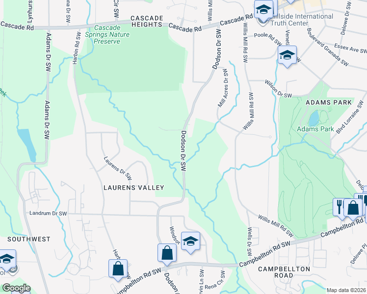 map of restaurants, bars, coffee shops, grocery stores, and more near 1634 Dodson Drive Southwest in Atlanta