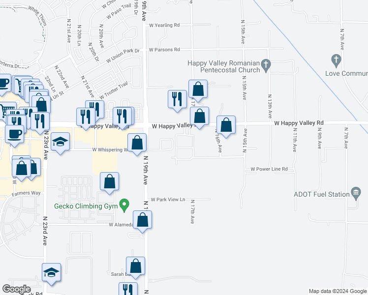 map of restaurants, bars, coffee shops, grocery stores, and more near 1614 West Whispering Wind Drive in Phoenix