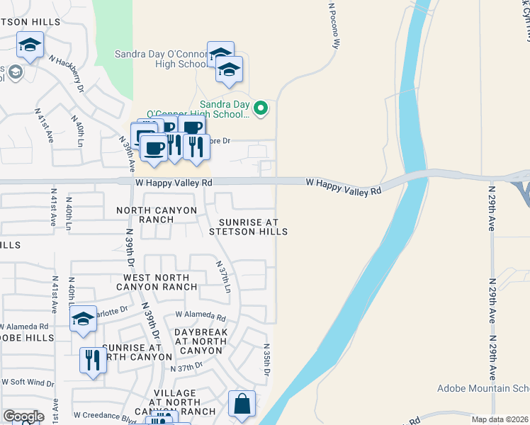 map of restaurants, bars, coffee shops, grocery stores, and more near 24657 North 35th Drive in Glendale