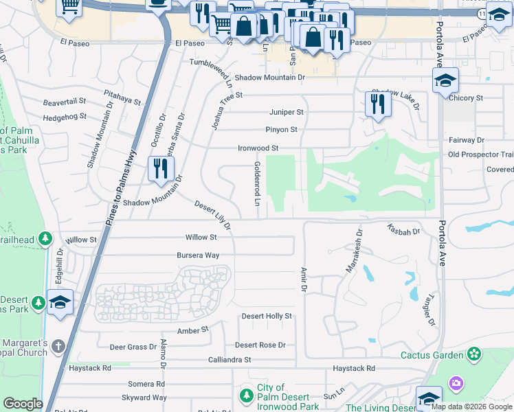 map of restaurants, bars, coffee shops, grocery stores, and more near 46403 Golden Rod Lane in Palm Desert