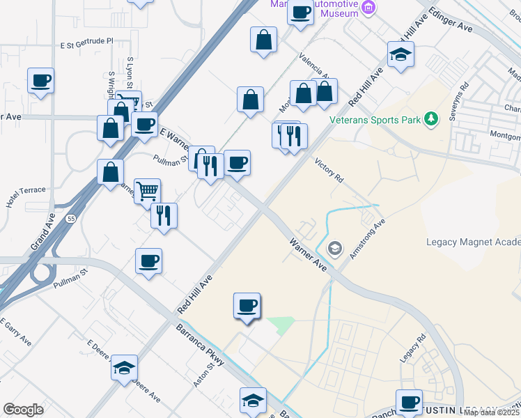 map of restaurants, bars, coffee shops, grocery stores, and more near in Santa Ana