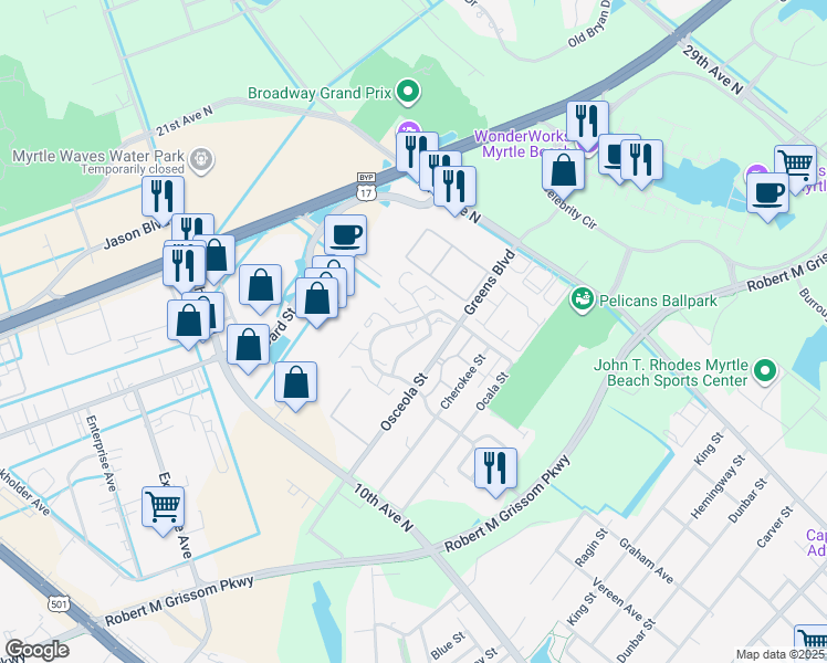 map of restaurants, bars, coffee shops, grocery stores, and more near 1750 Greens Boulevard in Myrtle Beach