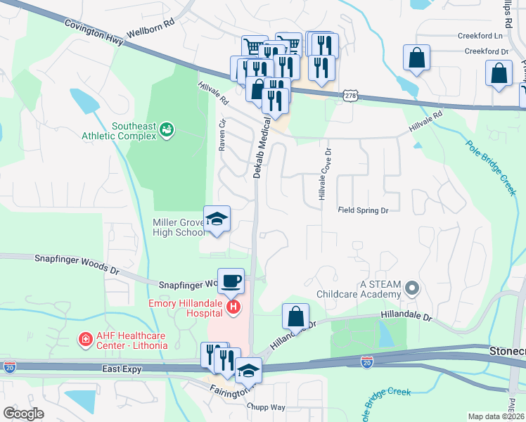 map of restaurants, bars, coffee shops, grocery stores, and more near 2561 Hillvale Circle in Lithonia