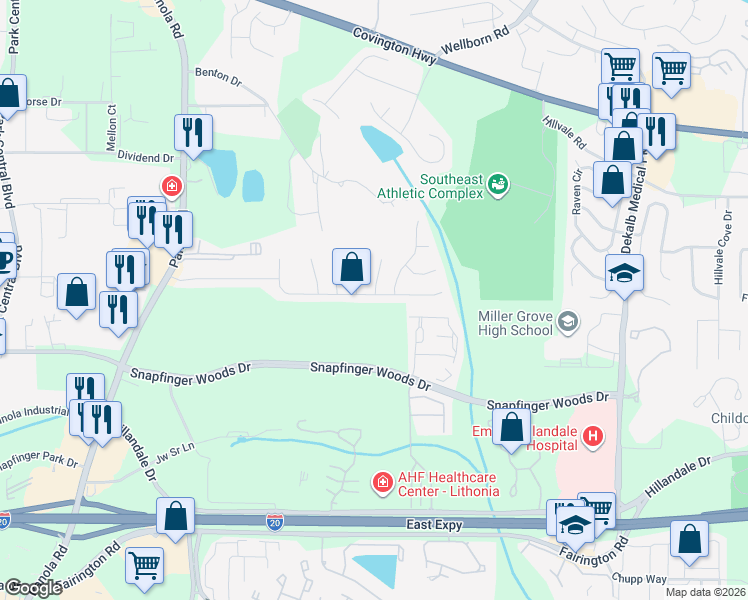 map of restaurants, bars, coffee shops, grocery stores, and more near 5461 Shirewick Lane in Lithonia
