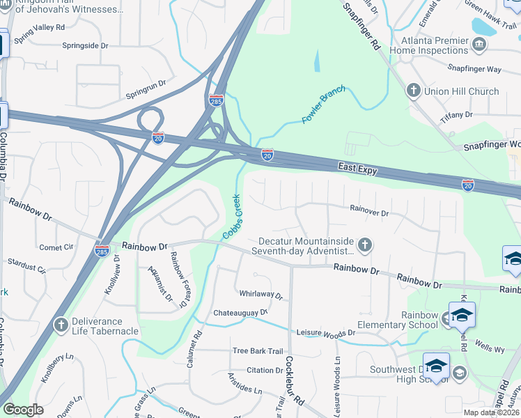 map of restaurants, bars, coffee shops, grocery stores, and more near 3723 Rainover Drive in Decatur