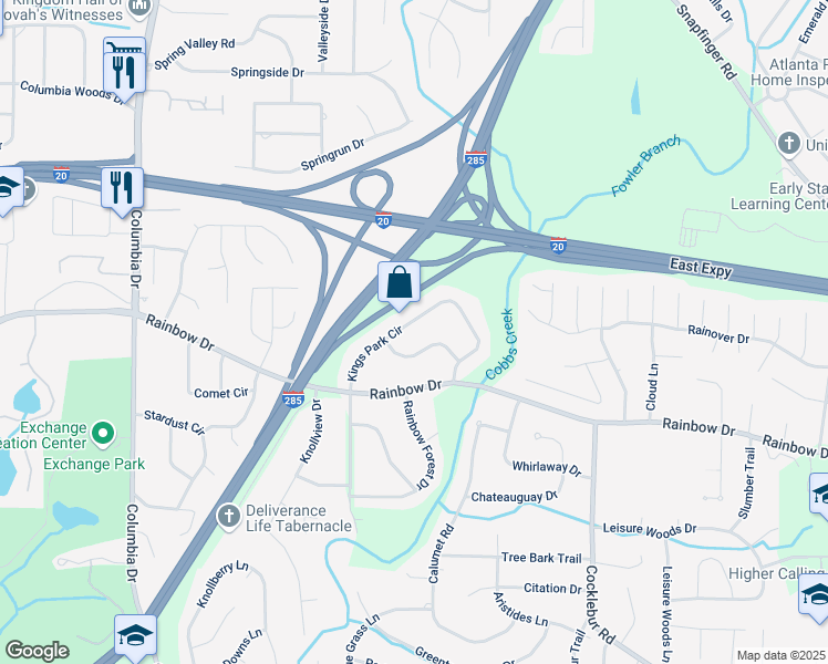 map of restaurants, bars, coffee shops, grocery stores, and more near 2668 Kings Park Circle in Decatur