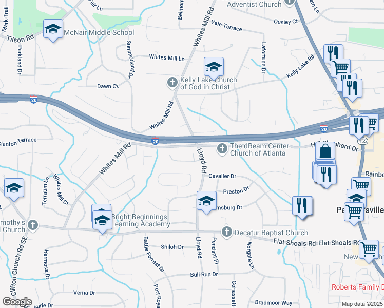 map of restaurants, bars, coffee shops, grocery stores, and more near 2626 Radvell Court in Decatur