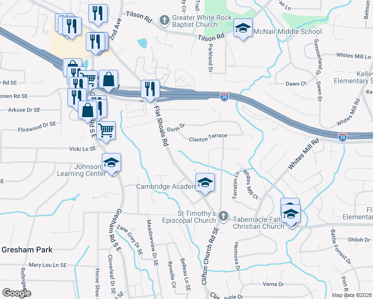 map of restaurants, bars, coffee shops, grocery stores, and more near 2668 Flat Shoals Road in Decatur