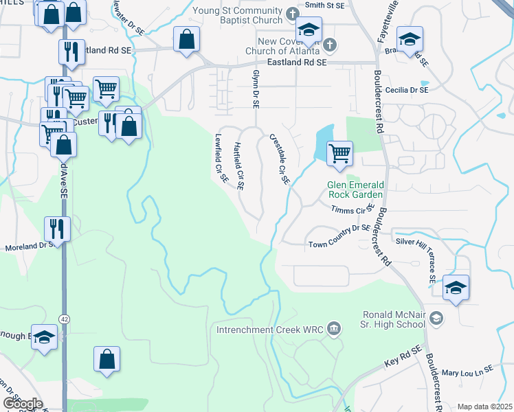 map of restaurants, bars, coffee shops, grocery stores, and more near 2637 Crestdale Circle Southeast in Atlanta