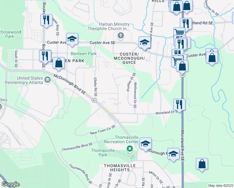 map of restaurants, bars, coffee shops, grocery stores, and more near 1940 Fisher Road Southeast in Atlanta