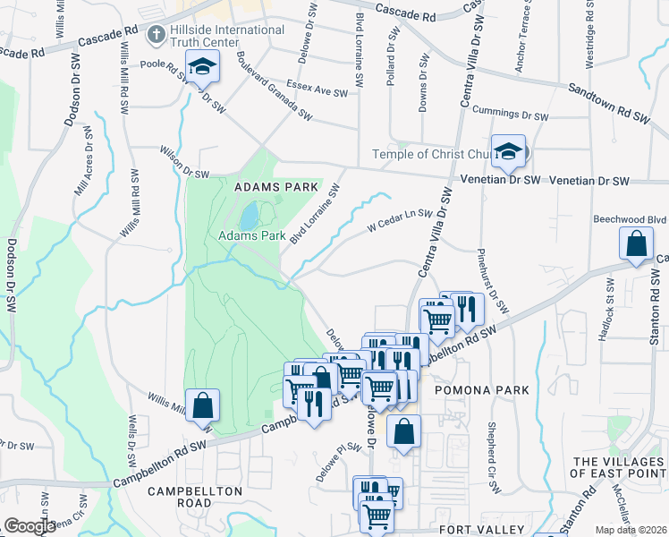 map of restaurants, bars, coffee shops, grocery stores, and more near 2157 Honeysuckle Lane Southwest in Atlanta