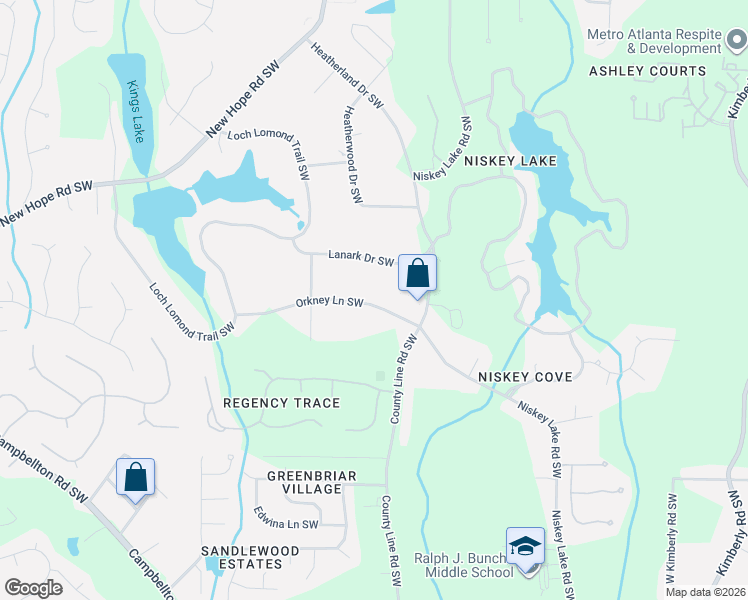 map of restaurants, bars, coffee shops, grocery stores, and more near 4575 Orkney Lane Southwest in Atlanta