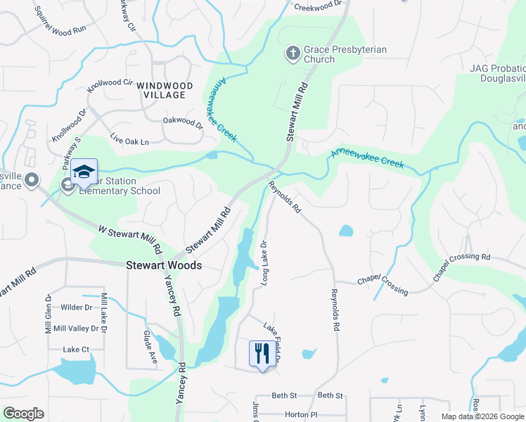 map of restaurants, bars, coffee shops, grocery stores, and more near 3425 Long Lake Drive in Douglasville
