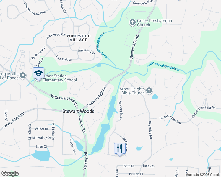 map of restaurants, bars, coffee shops, grocery stores, and more near 3420 Anna Ruby Lane in Douglasville