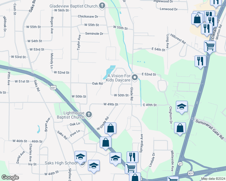 map of restaurants, bars, coffee shops, grocery stores, and more near 5 Buggy Lane in Anniston