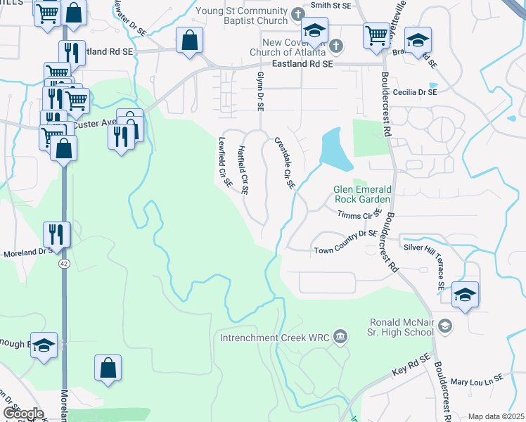 map of restaurants, bars, coffee shops, grocery stores, and more near 2637 Crestdale Circle Southeast in Atlanta