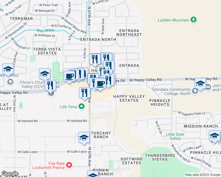 map of restaurants, bars, coffee shops, grocery stores, and more near 6525 West Happy Valley Road in Glendale