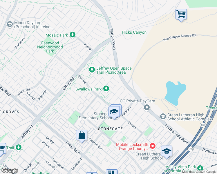 map of restaurants, bars, coffee shops, grocery stores, and more near 52 Cummings in Irvine