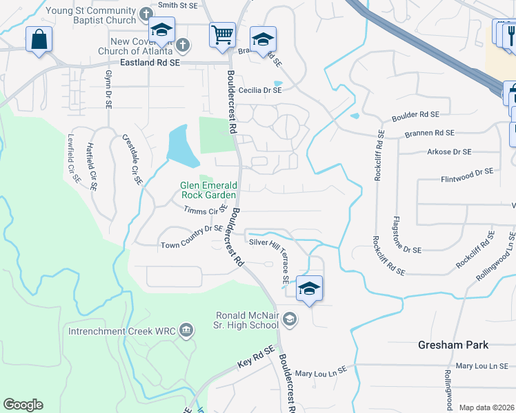 map of restaurants, bars, coffee shops, grocery stores, and more near 1512 Boulderwoods Drive Southeast in Atlanta
