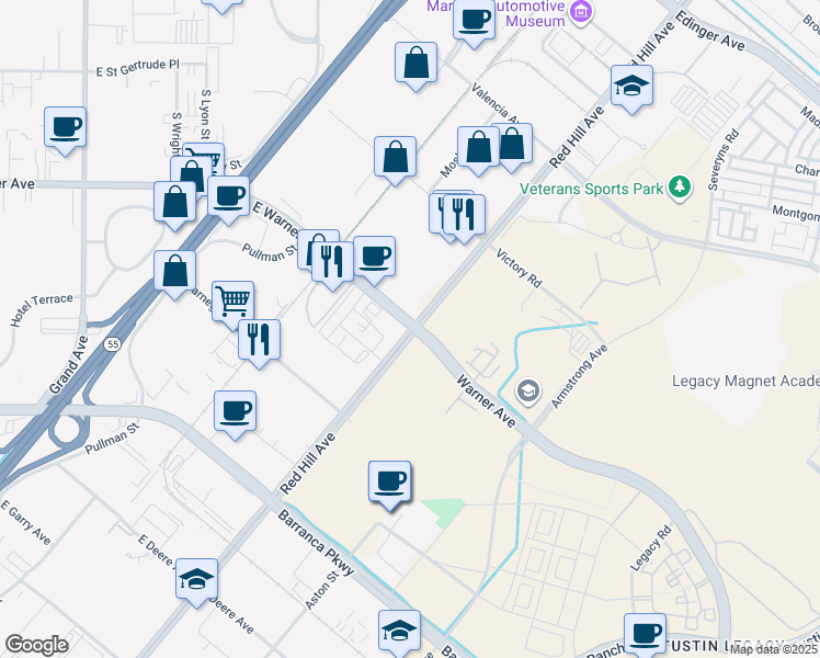map of restaurants, bars, coffee shops, grocery stores, and more near in Santa Ana