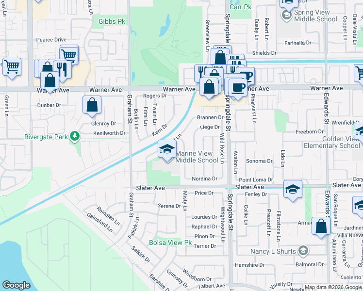 map of restaurants, bars, coffee shops, grocery stores, and more near 17312 Forbes Lane in Huntington Beach
