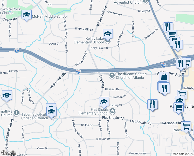 map of restaurants, bars, coffee shops, grocery stores, and more near 2380 Whites Mill Road in Decatur