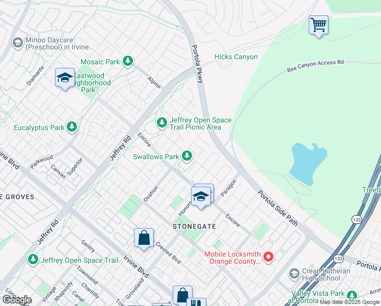 map of restaurants, bars, coffee shops, grocery stores, and more near 52 Cummings in Irvine
