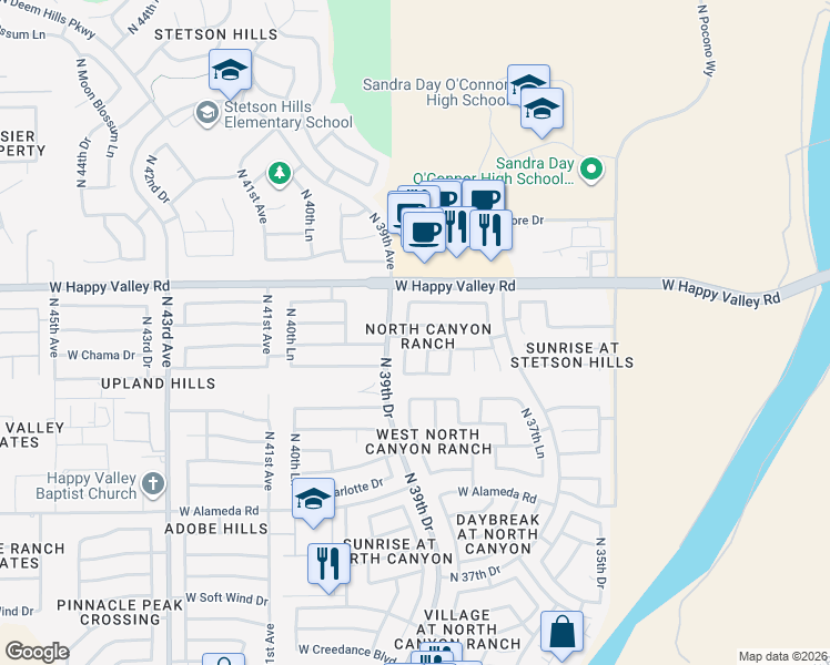 map of restaurants, bars, coffee shops, grocery stores, and more near 24637 North 39th Avenue in Glendale