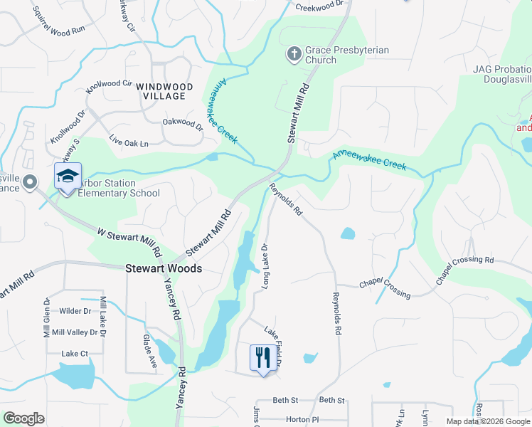 map of restaurants, bars, coffee shops, grocery stores, and more near 3425 Long Lake Drive in Douglasville