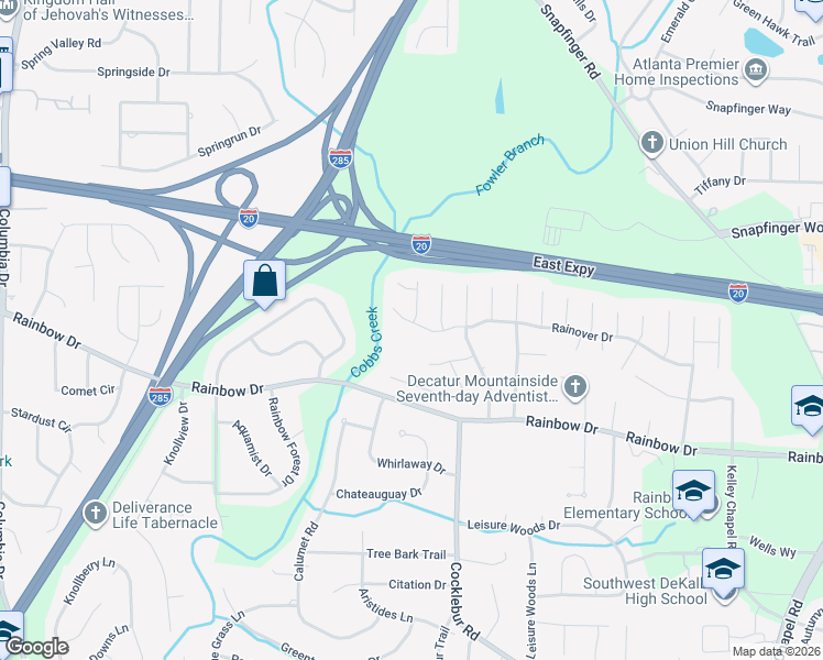 map of restaurants, bars, coffee shops, grocery stores, and more near 3723 Rainover Drive in Decatur