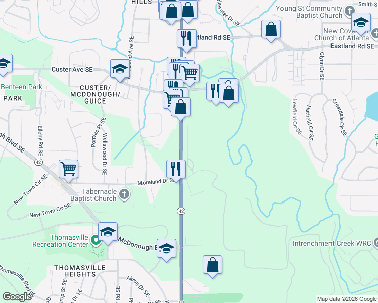 map of restaurants, bars, coffee shops, grocery stores, and more near 1520 Moreland Avenue Southeast in Atlanta