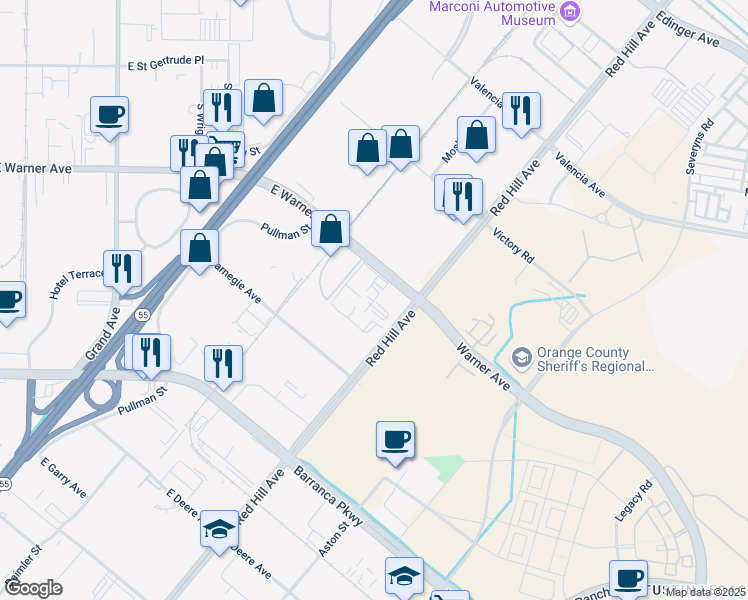 map of restaurants, bars, coffee shops, grocery stores, and more near 2300 Red Hill Avenue in Santa Ana
