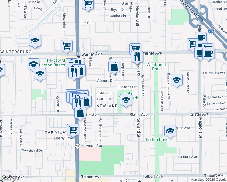 map of restaurants, bars, coffee shops, grocery stores, and more near 8281 Guilders Drive in Huntington Beach