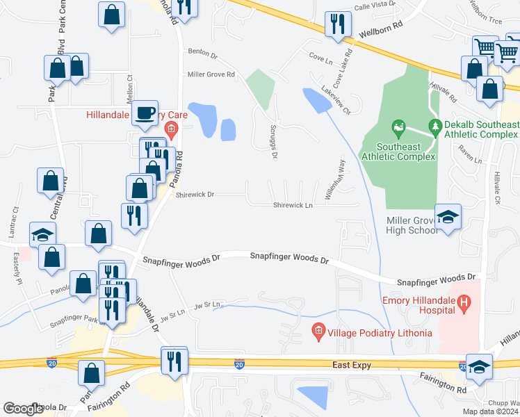 map of restaurants, bars, coffee shops, grocery stores, and more near 5385 Shirewick Lane in Lithonia