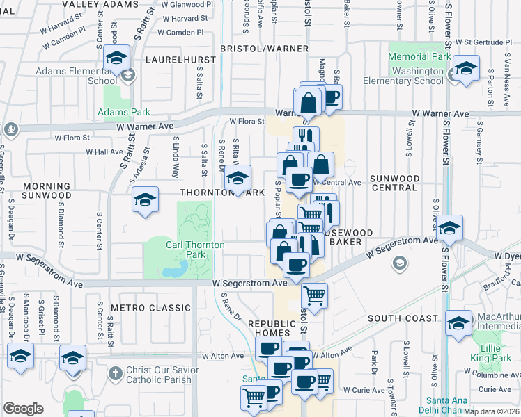map of restaurants, bars, coffee shops, grocery stores, and more near 2618 South Pacific Avenue in Santa Ana