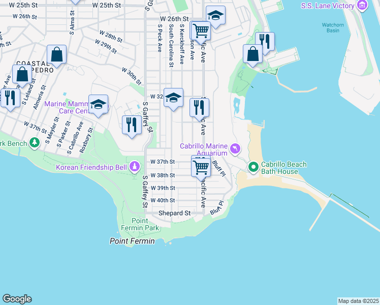 map of restaurants, bars, coffee shops, grocery stores, and more near 545 West 36th Street in Los Angeles