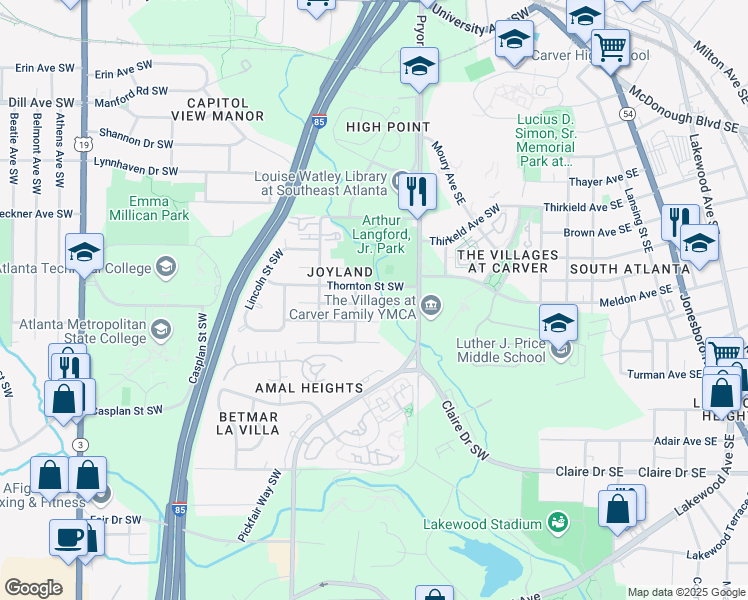 map of restaurants, bars, coffee shops, grocery stores, and more near 197 Upshaw Street Southwest in Atlanta