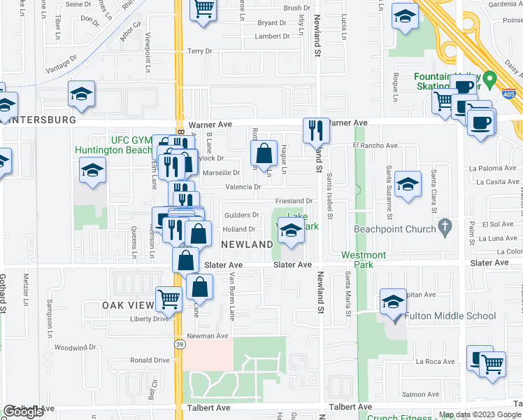 map of restaurants, bars, coffee shops, grocery stores, and more near 8281 Guilders Drive in Huntington Beach